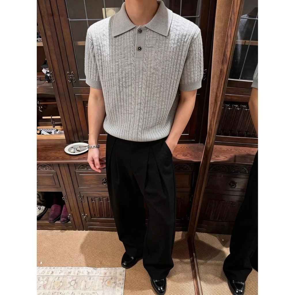 Preguiçoso malha lapela Polo masculino de manga curta camiseta estilo dinheiro antigo americano Retro topo Ami cáqui ver