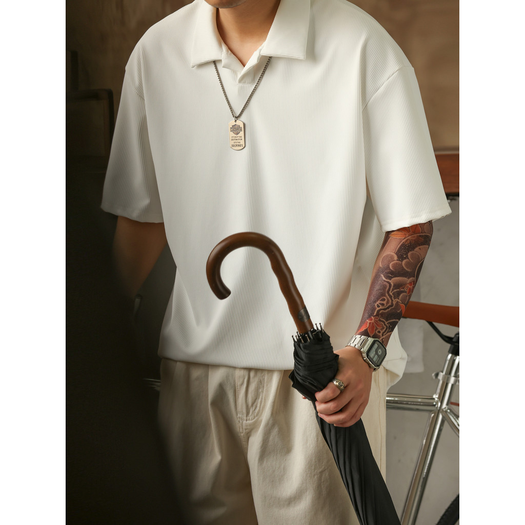 BGYO Luqi 250g Camisa polo texturizada de manga curta masculina americana Casual antirrugas cleanfit lapela camiseta ver
