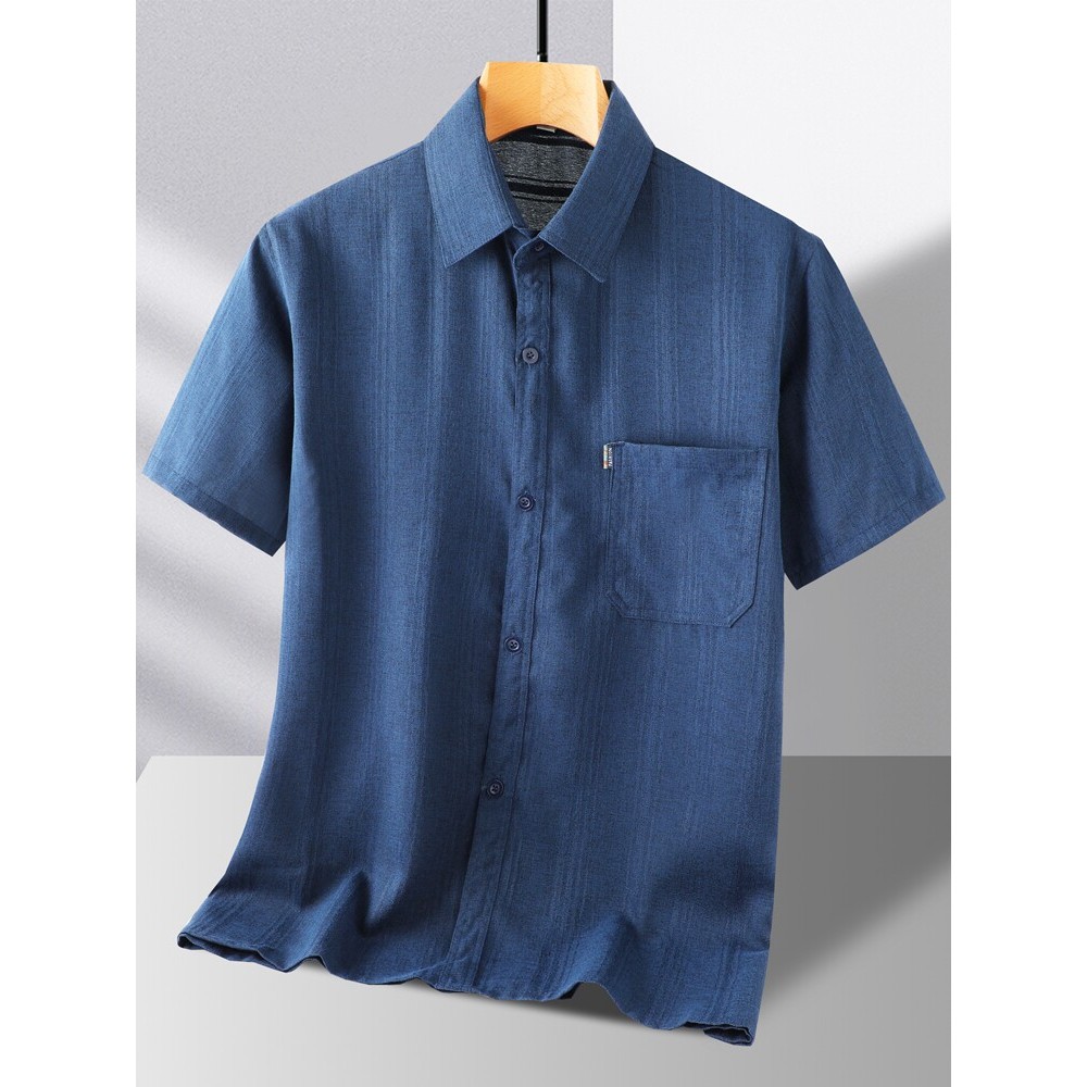 Verão de meia-idade camisa de manga curta masculina de seda gelo linho lapela roupas superiores de meia-idade idosos ver