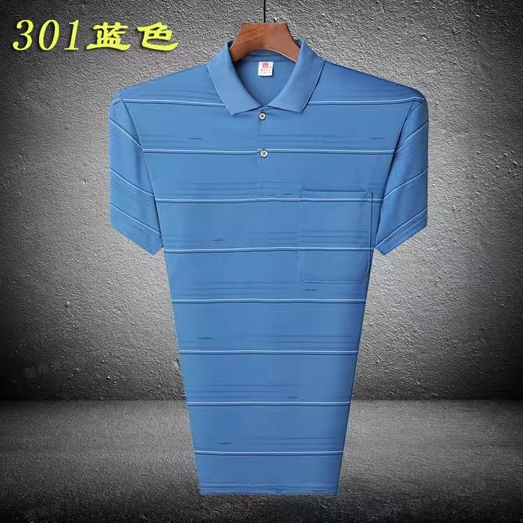 Verão Casual de meia-idade idosos masculino poliéster algodão manga curta camiseta pai usar lapela listrada camiseta ver