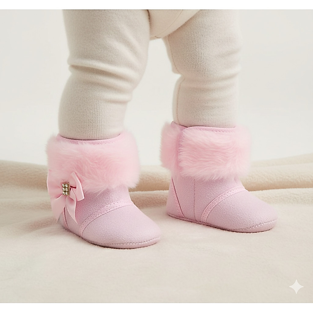 Bota Bebê Menina Pelo Pelúcia Rosa Inverno Botinha Forrada Laço Cetim  Strass  Infantil RN