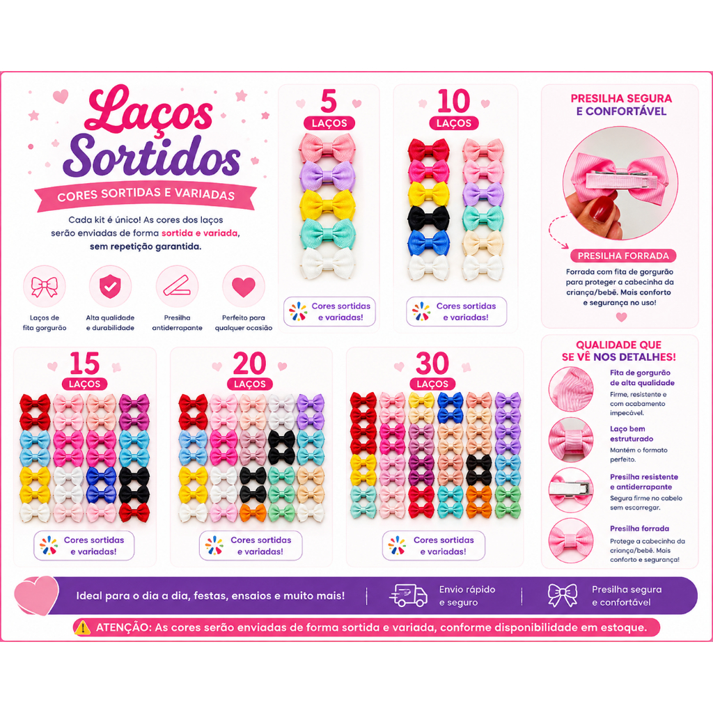 Kit Laços de Cabelo Infantil Presilha Forrada Cores Sortidas Bebê Menina