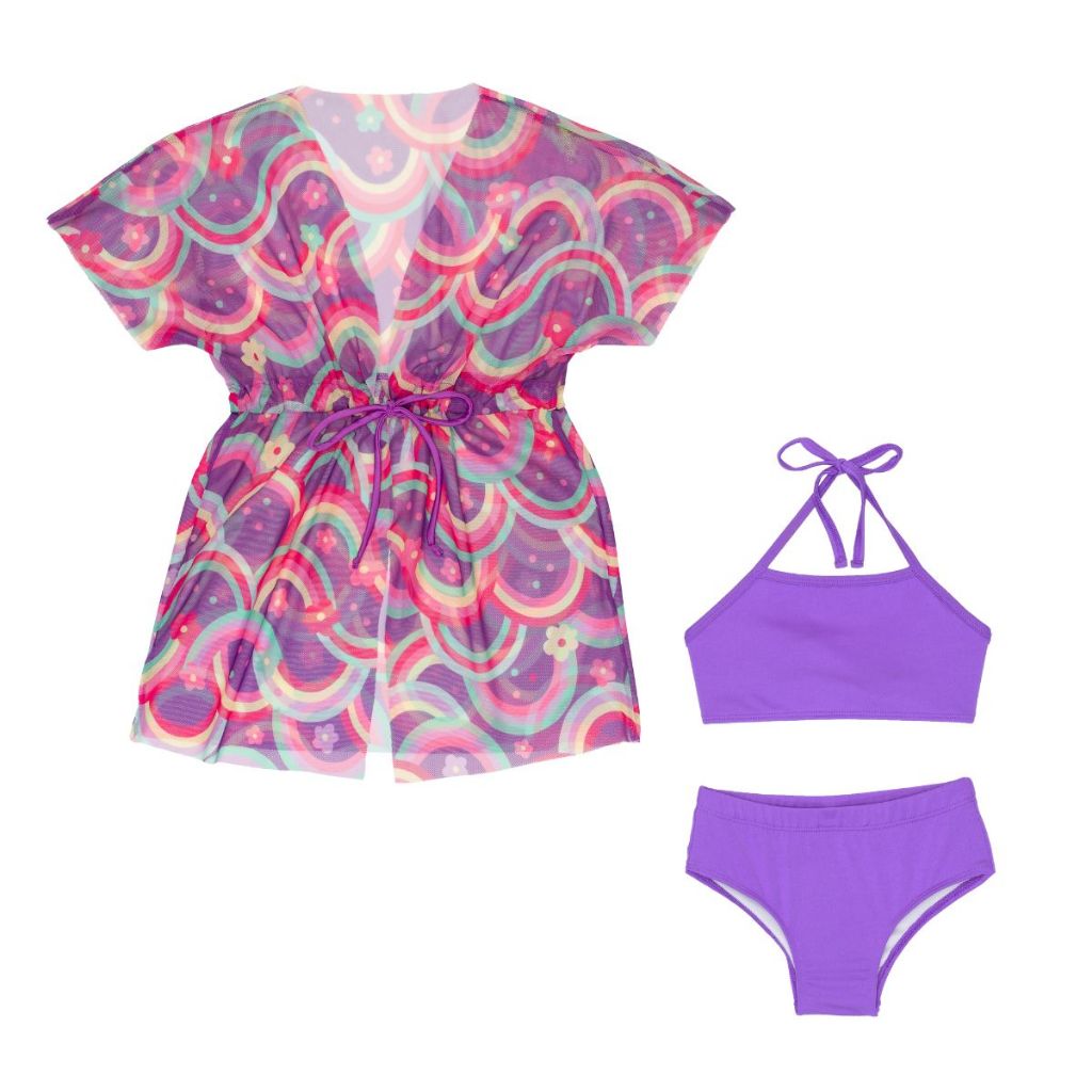 Biquíni Liso Top e Calcinha Forrado Menina + Saída De Praia Tule Verão Fresca Juvenil Infantil