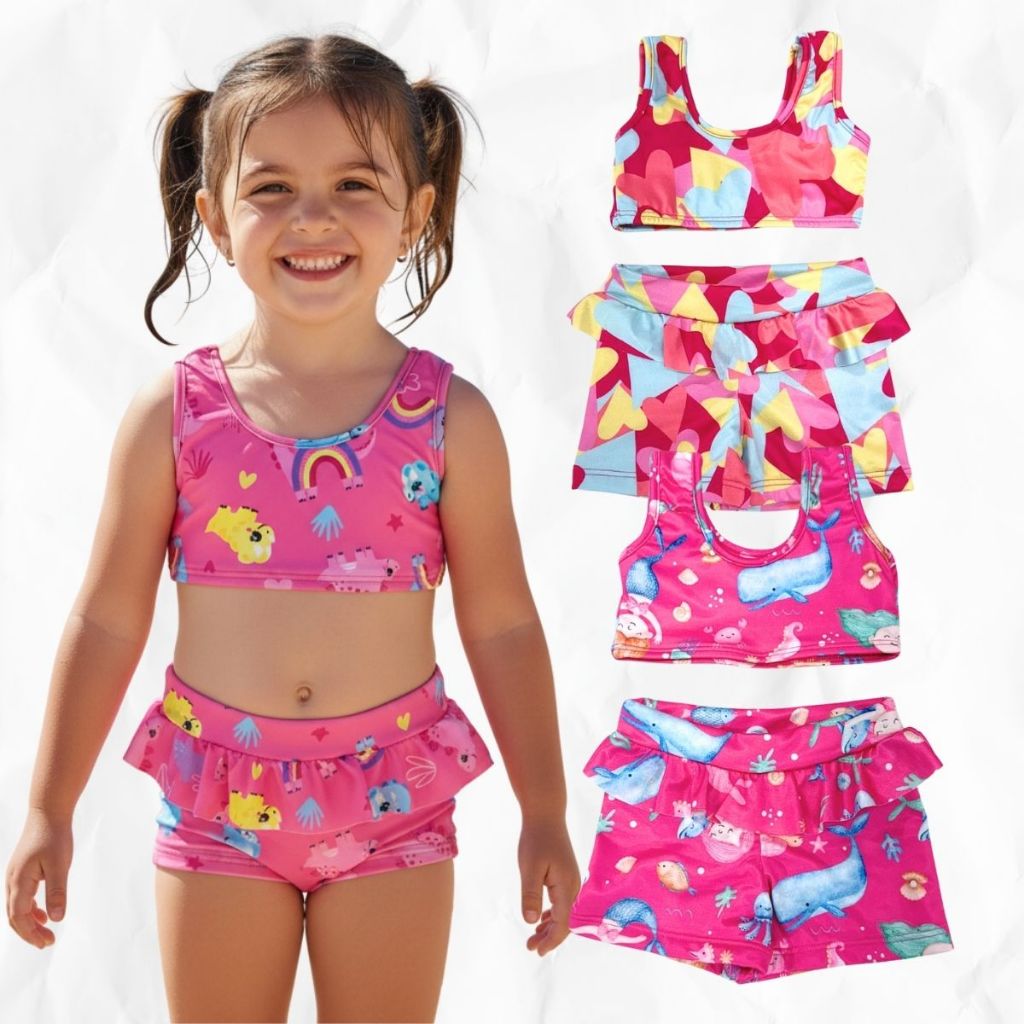 Biquíni Praia Top + Shorts Babadinho Forrado Menina Piscina