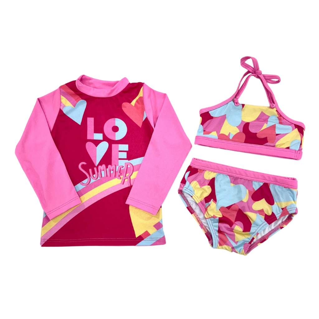 Kit 3 Peças Blusa Proteção Uv Solar + Biquíni Forrado Menina Piscina Natação Praia