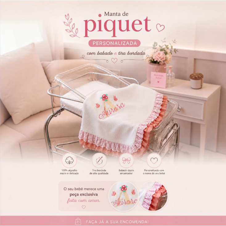 Manta Piquezinho Luxo para Bebê Menino Menina Forrada Bordada e Babado com Nome e Cor Personalizado