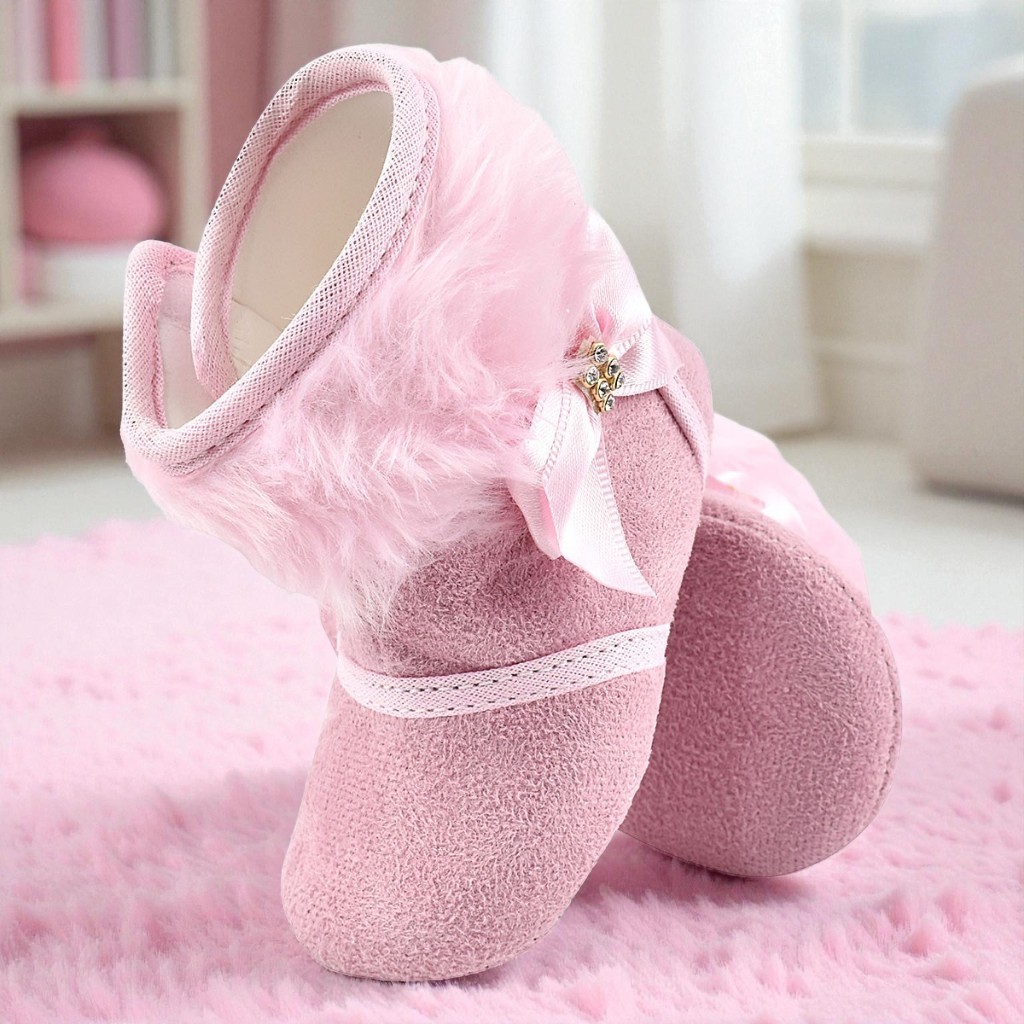 Bota Botinha Bebê Menina Pelo Pelúcia Rosa Inverno Botinha Forrada Laço Cetim  Strass  Infantil RN