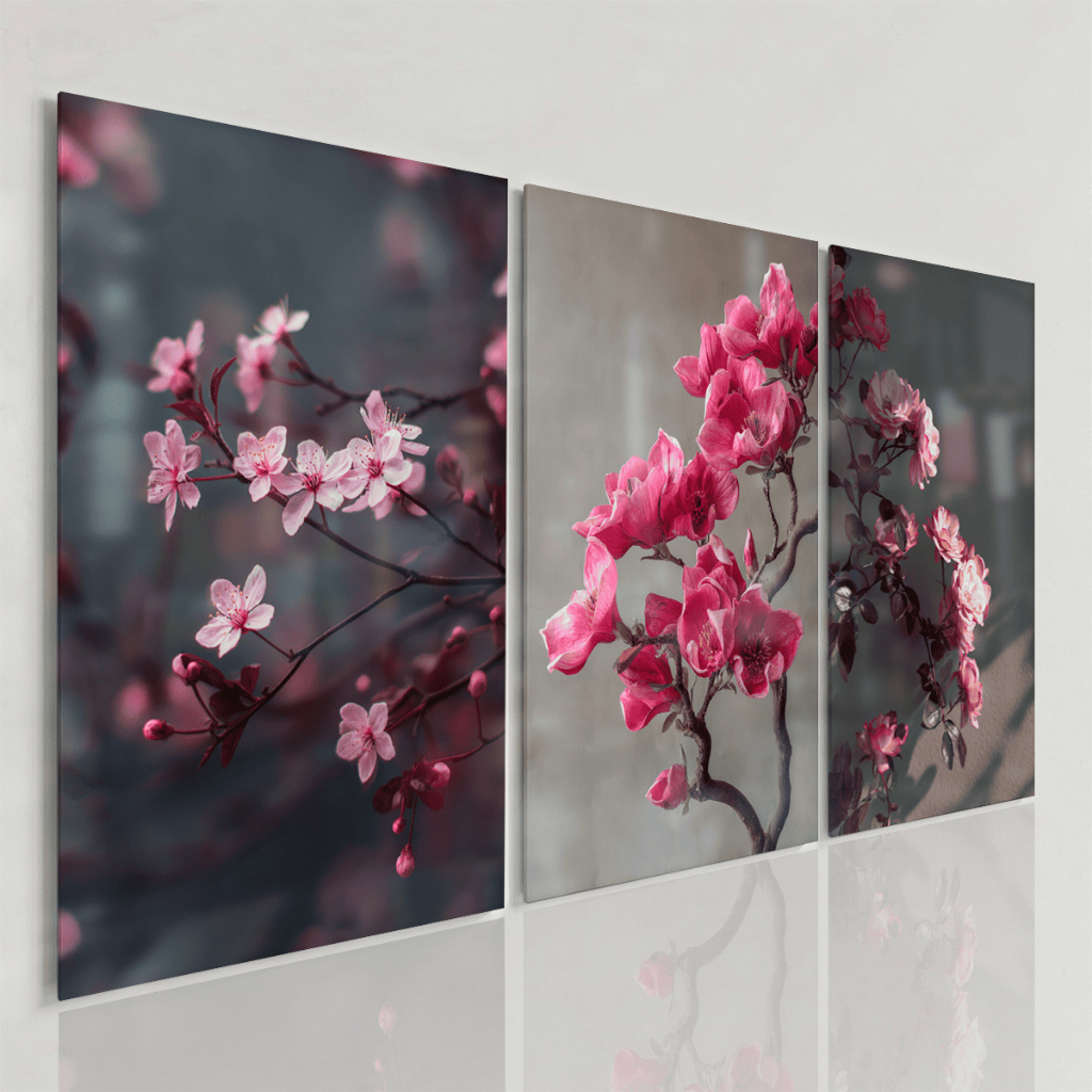 Quadros Decorativos Flores Rosas Galhos Delicados Estilo Japandi Kit 3 Peças Sala Elegante