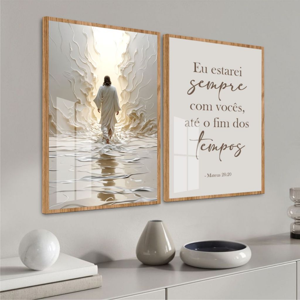 Quadros Decorativos Elegantes Duas Peças Religioso Frase Jesus Caminhando Sobre Águas Tons Delicados