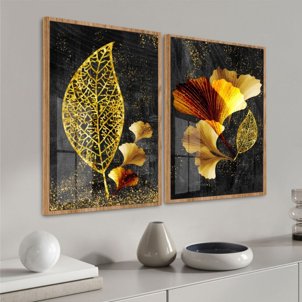 Quadros Delicados Folhagem Elegante Kit Com Duas Peças Moldura e Vidro Sala Quarto Escritório