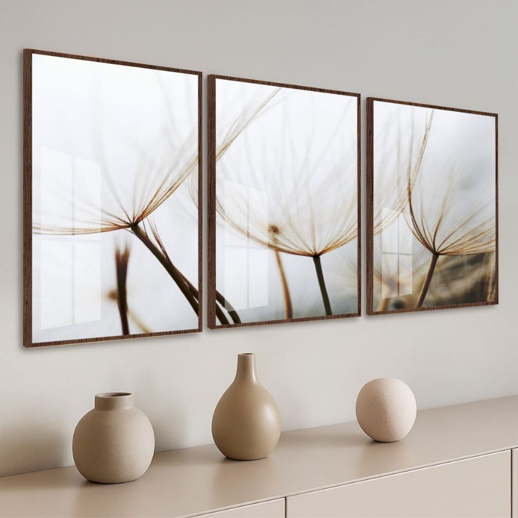 Kit Quadros Três Peças Decoração Quarto Sala Escritório Flor Dente De Leão Elegante Tons Delicados