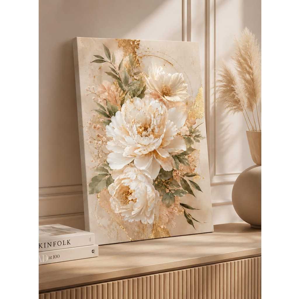quadro decorativo floral, flores brancas, peônias, dourado, bege, elegante, sala, quarto, moderno, luxo, delicado chic