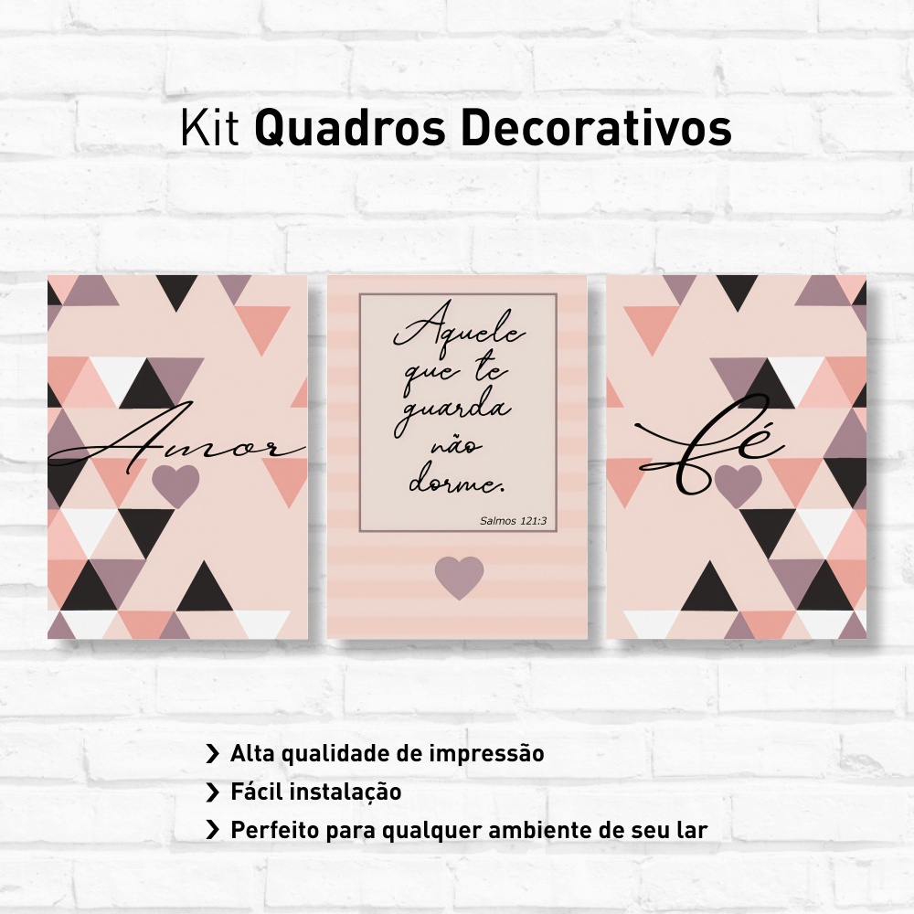 Kit 3 Quadros Decorativos Fé Delicados 10x15cm MDF com Laminação e Dupla Face