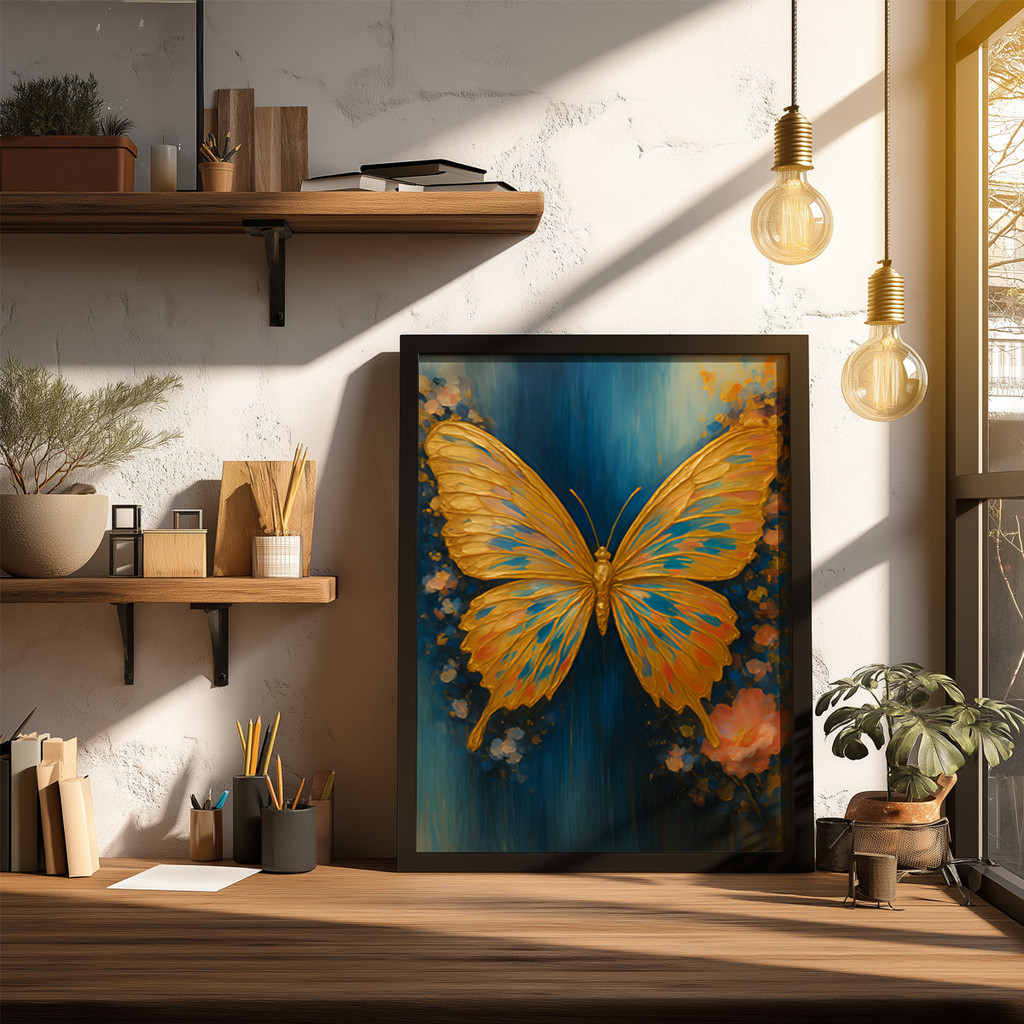 Quadro Borboleta Amarela Azul Fundo Azul Natureza Arte Elegante Colorida Inspiração Beleza Delicada