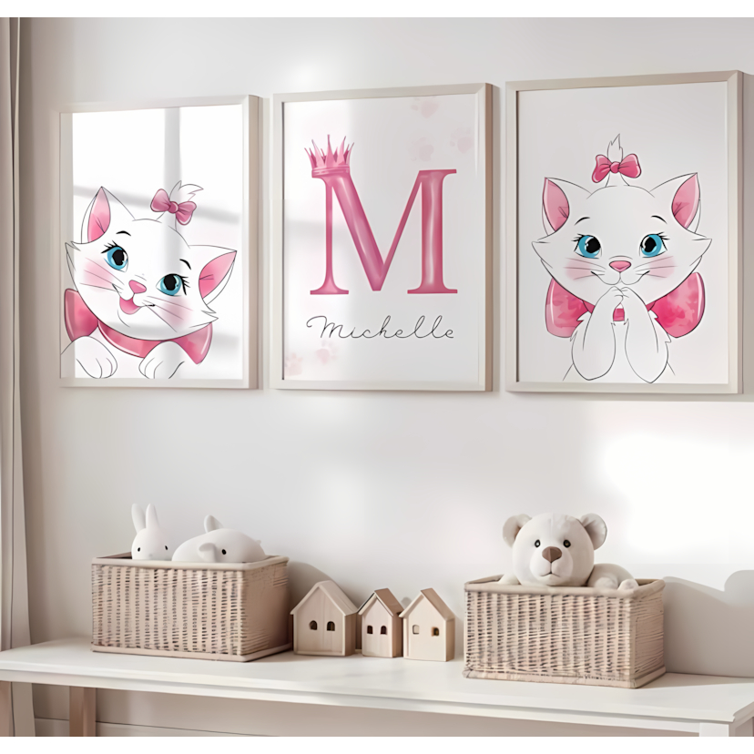 3 Quadros decorativos gatinha rosa personalizado com nome infantil delicado feminino elegante fofo