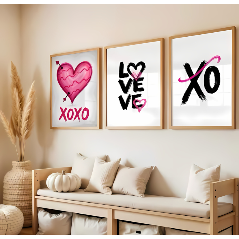 Kit 3 quadros decorativos love coração rosa xoxo delicado feminino minimalista elegante fofo