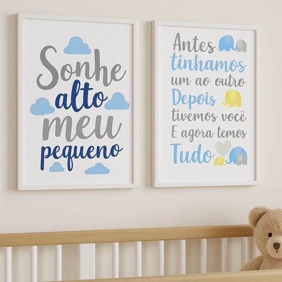 Quadro Decorativo Quarto Menino Frases Sonhe Alto Delicado Moderno Elegante KIt 2 Peças