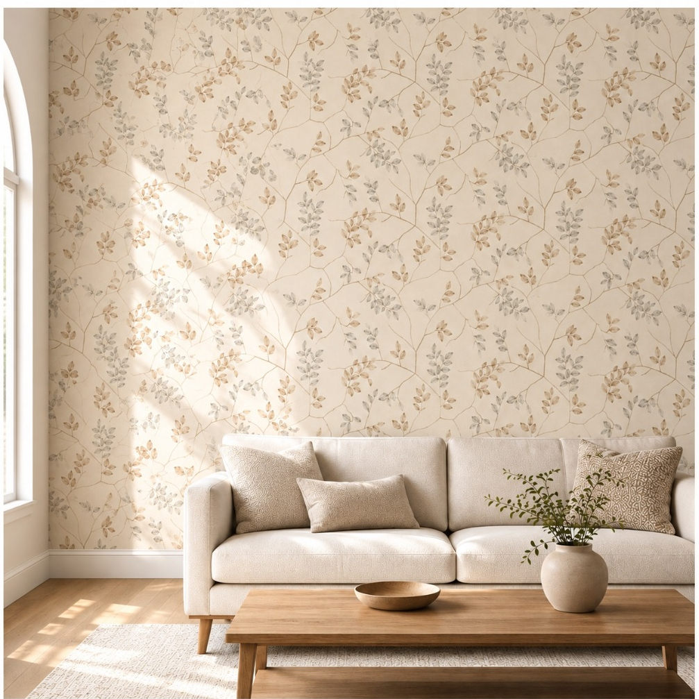 Papel de Parede Adesivo Floral Folhagem Bege Elegante para Sala e Quarto