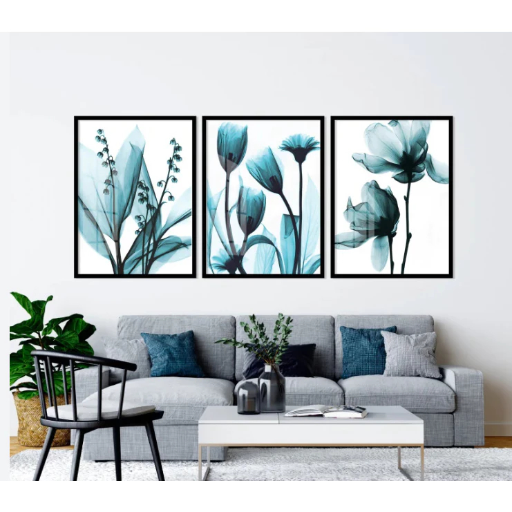 Quadro Decorativo Flores Azuis Jardim Floral Delicado Primavera Folhas Elegante