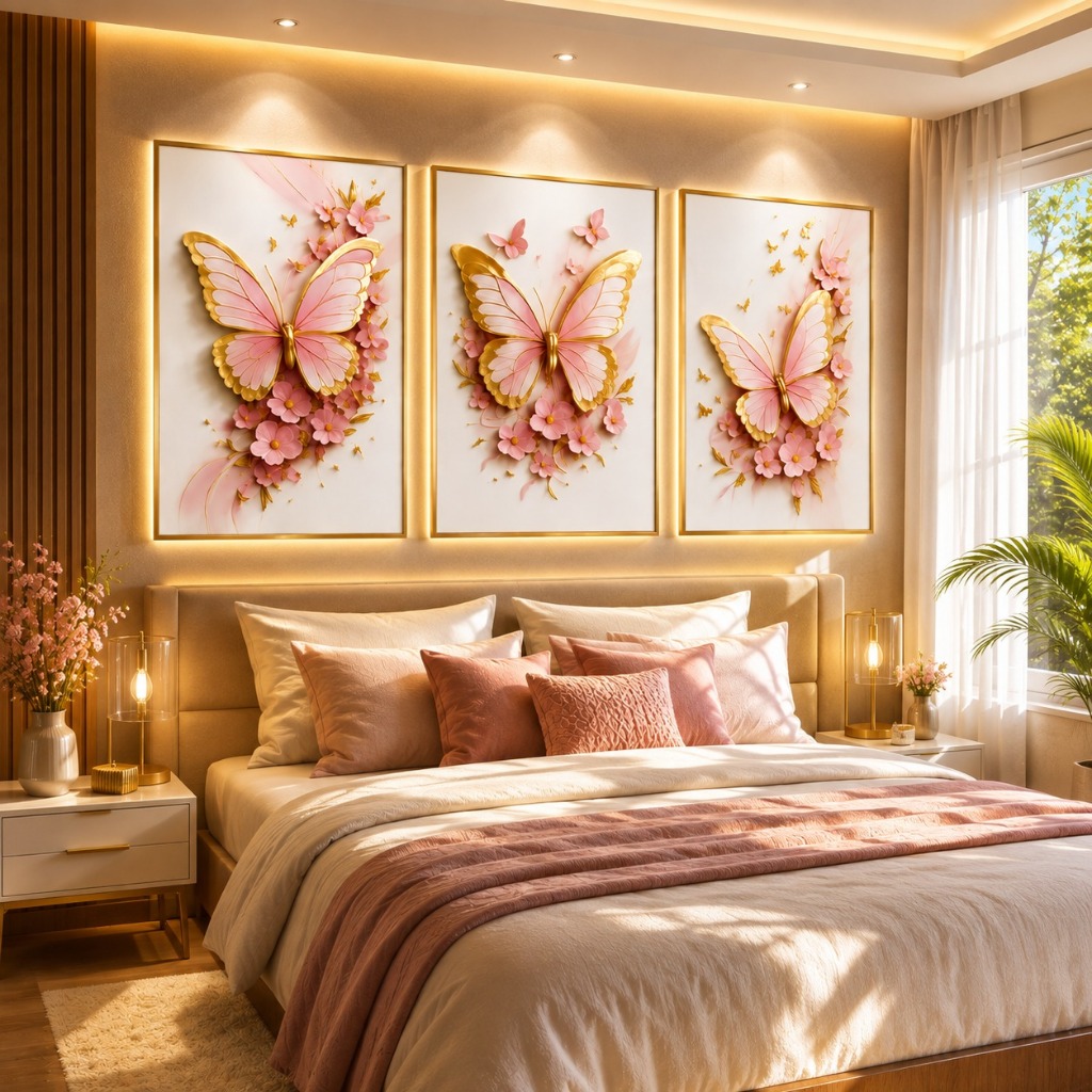 Kit 3 Peças Quadros Decorativos Borboletas Rosas Charme e Delicadeza para seu Ambiente 122x60 grande