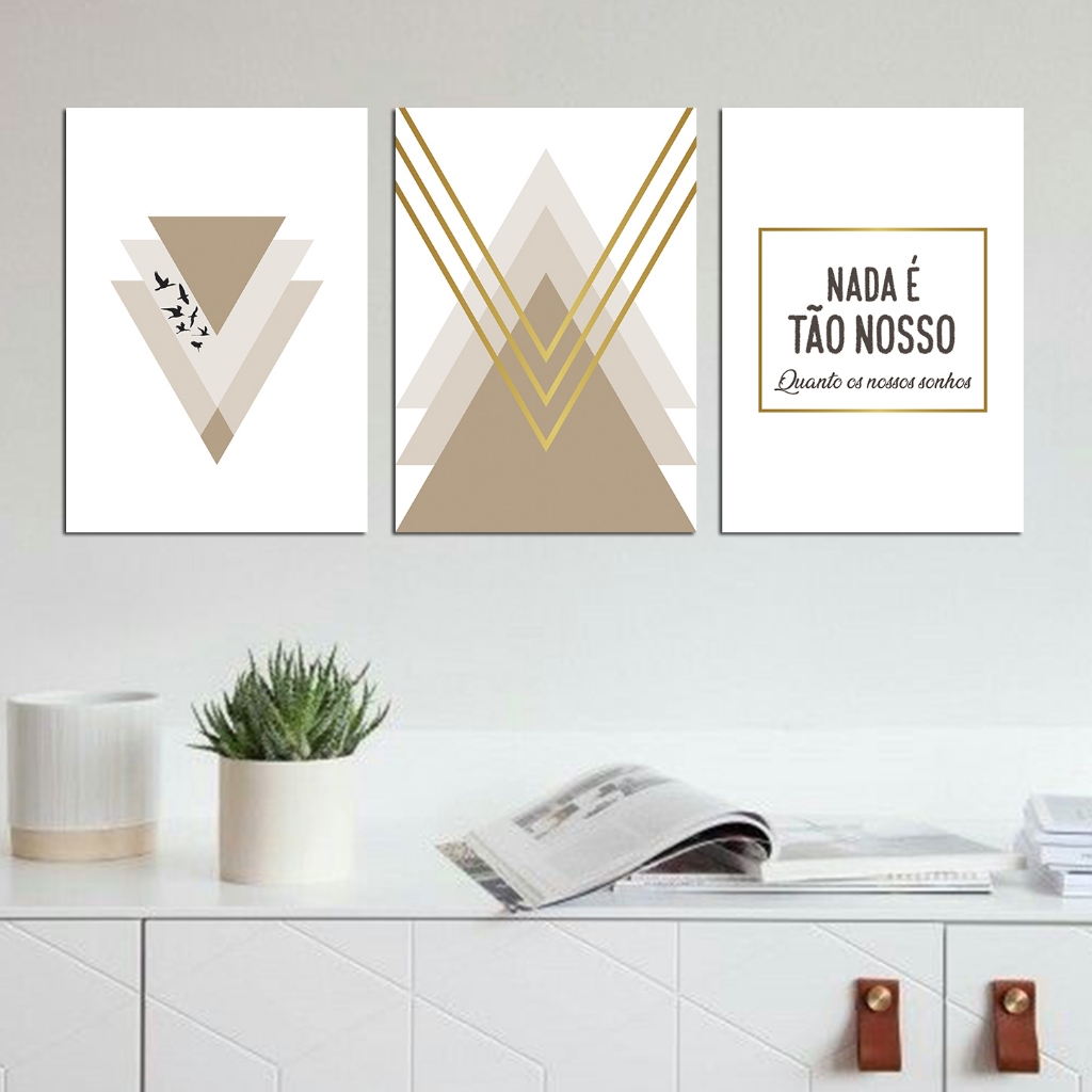 Quadros delicadas decoração sala quarto elegante - Nada é tão nosso quanto nossos sonhos - dourado - kit 3 placa 20X30cm