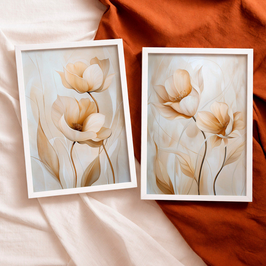 Kit 2 Quadros Decorativos com Moldura Flores Bege Suave Floral Delicado Minimalista Elegante Quarto
