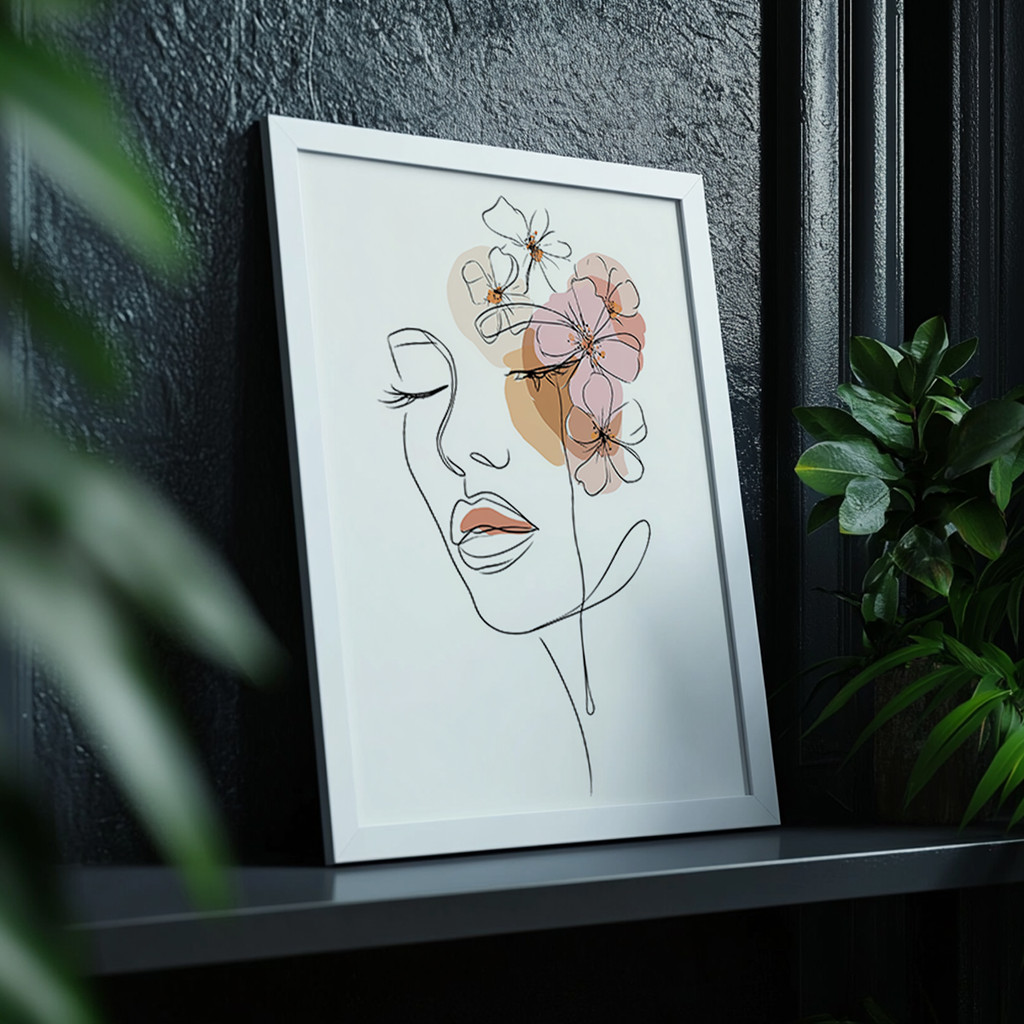 Quadro Decorativo Rosto Feminino Flores Delicado Traço Fino Abstrato Colorido Arte Moderna Elegante