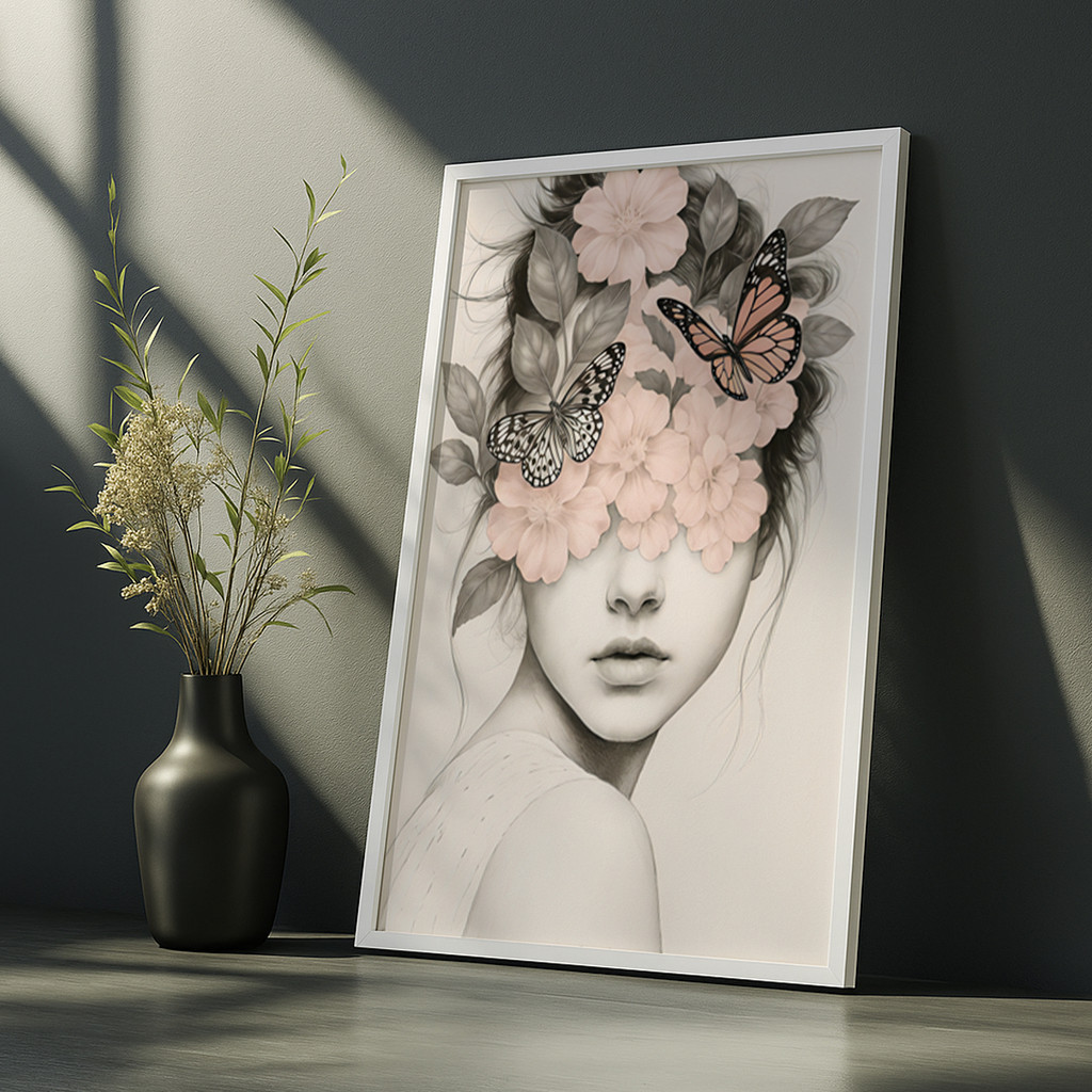 Quadro Mulher Flores Borboletas Arte Delicada Elegante Tons Suaves Beleza Feminina Inspiração Parede