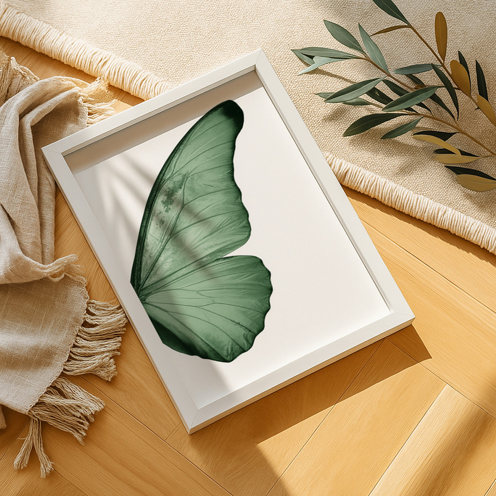 Quadro Decorativo Asa Borboleta Verde Minimalista Natureza Elegante Moderna Neutra Delicada