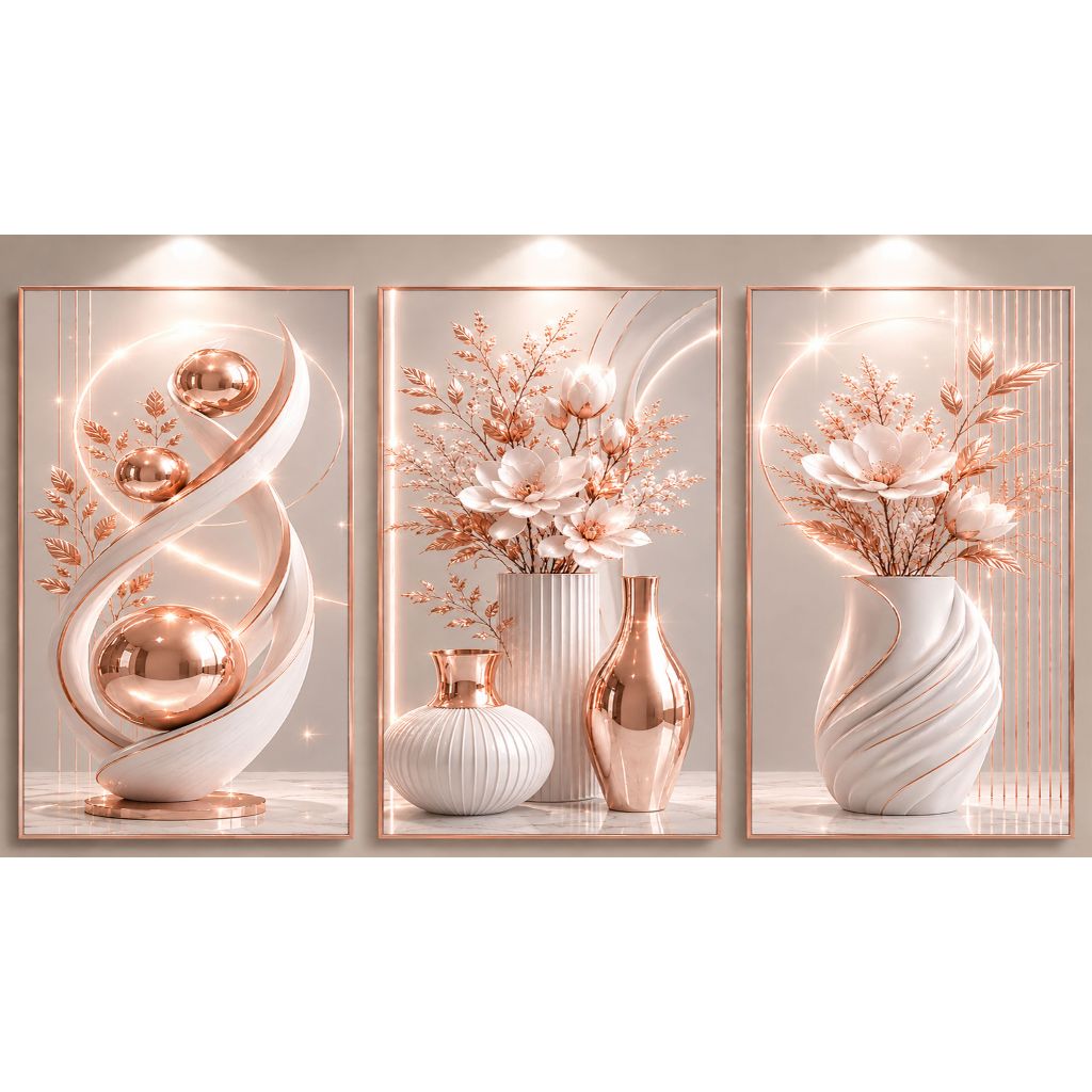 Kit De Quadros Decorativos 3 Peças Flores Delicadas Vasos De Rosas Brilhantes Elegantes(V.ROSE)