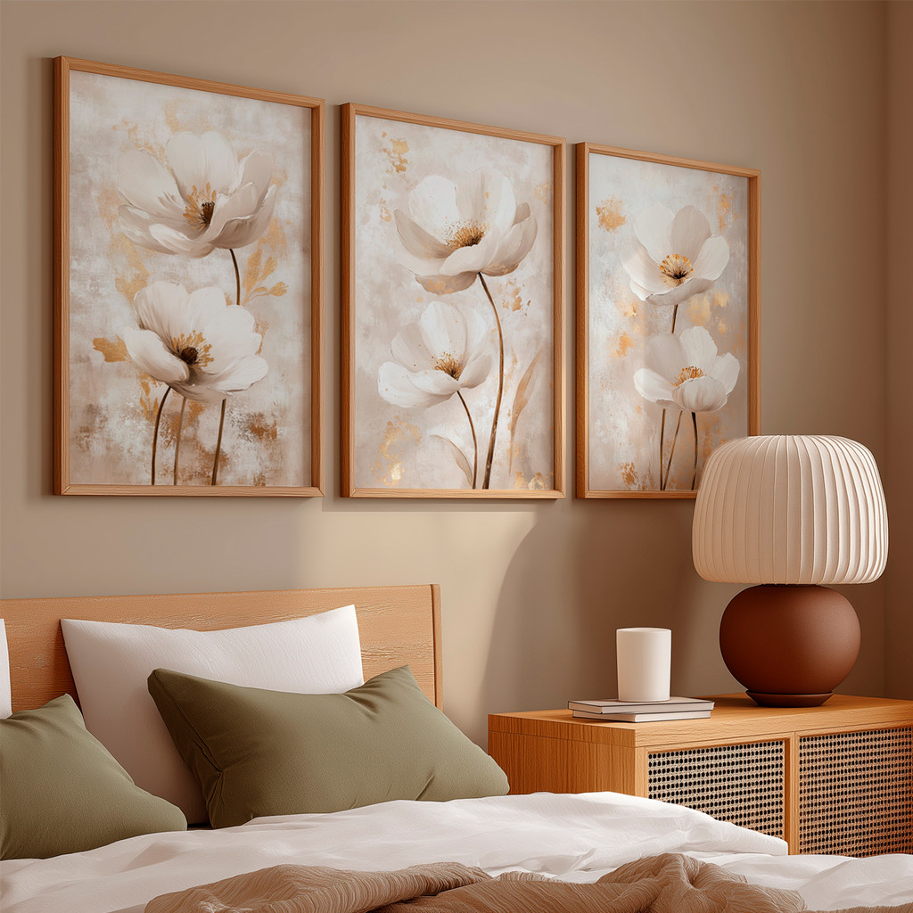 Kit 3 Quadros Decorativo Flores Bege Pintura Textura Delicada Elegante Neutra Com Moldura