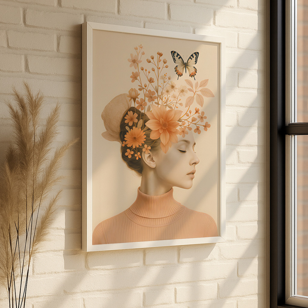Quadro Mulher Flores Borboleta Arte Elegante Tons Pastel Vintage Beleza Delicada Parede Quarto Sala