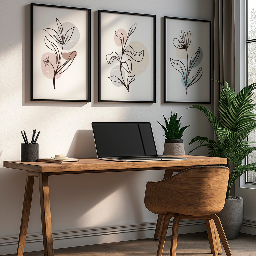 Kit 3 Quadros Decorativo Flores Minimalistas Abstrato Linhas Modernas Delicado Neutro Elegante