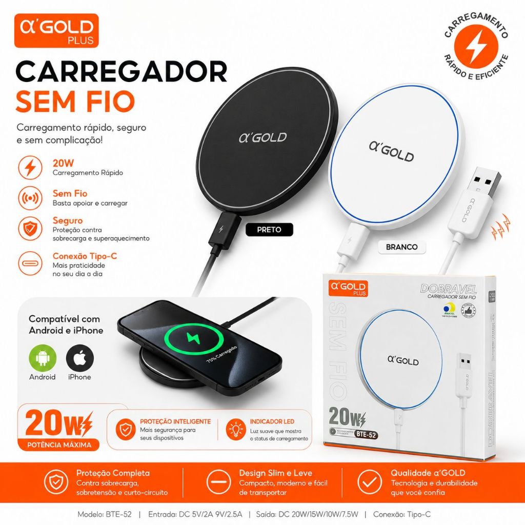Carregador sem fio de 20 W α’GOLD BTE-52 com conexão rápida Tipo-C, compatível com iPhone e Android, branco/preto.