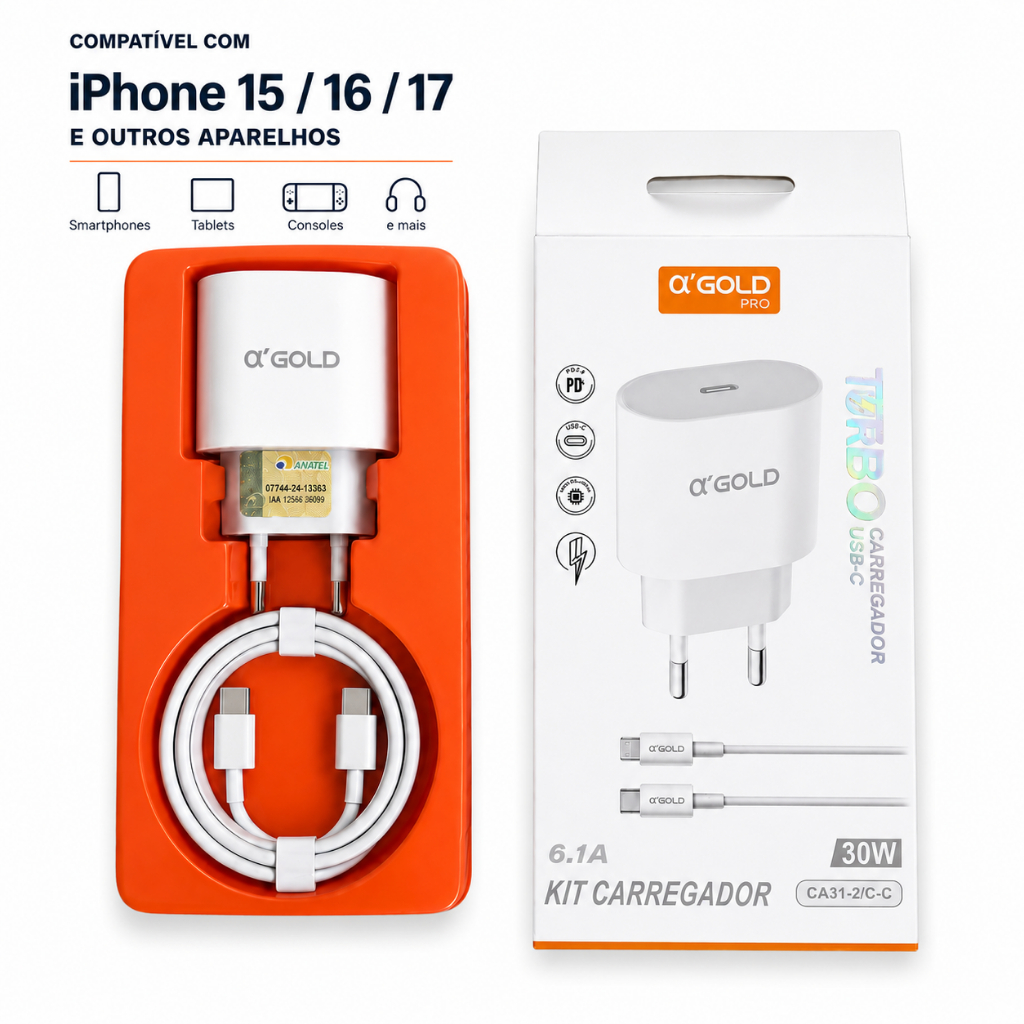 Carregador A Gold 30W Carga Rápida + Fonte + USB-C ou Cabo Lightning | Compatível com iPhone e Android