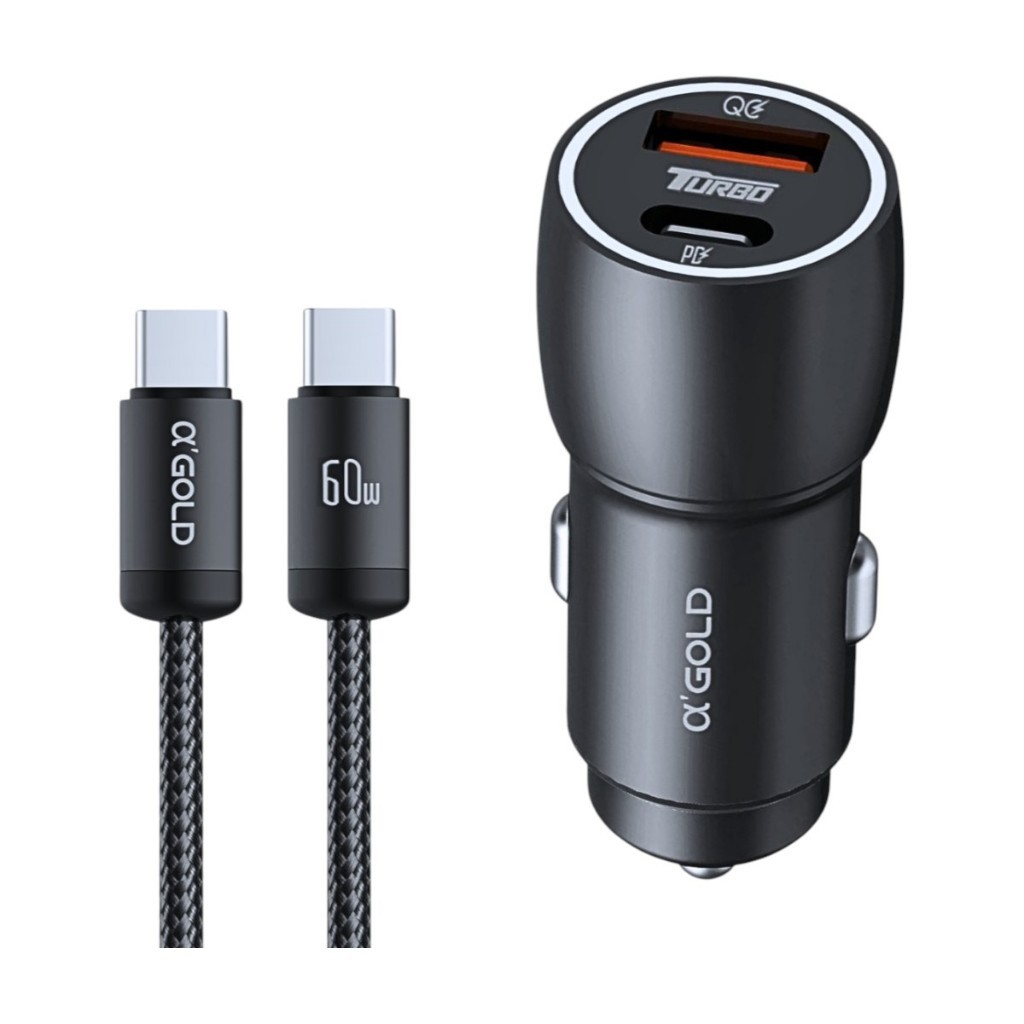 Carregador Veicular Turbo 60W USB + TIPO C Para Android e iPhone Carregamento Rápido A’GOLD