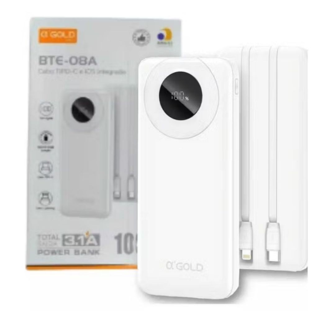 Power Bank 10000mAh Carregador Portátil Turbo Cabos Embutidos iPhone Android Display LED Original BTE-08A A'GOLD
