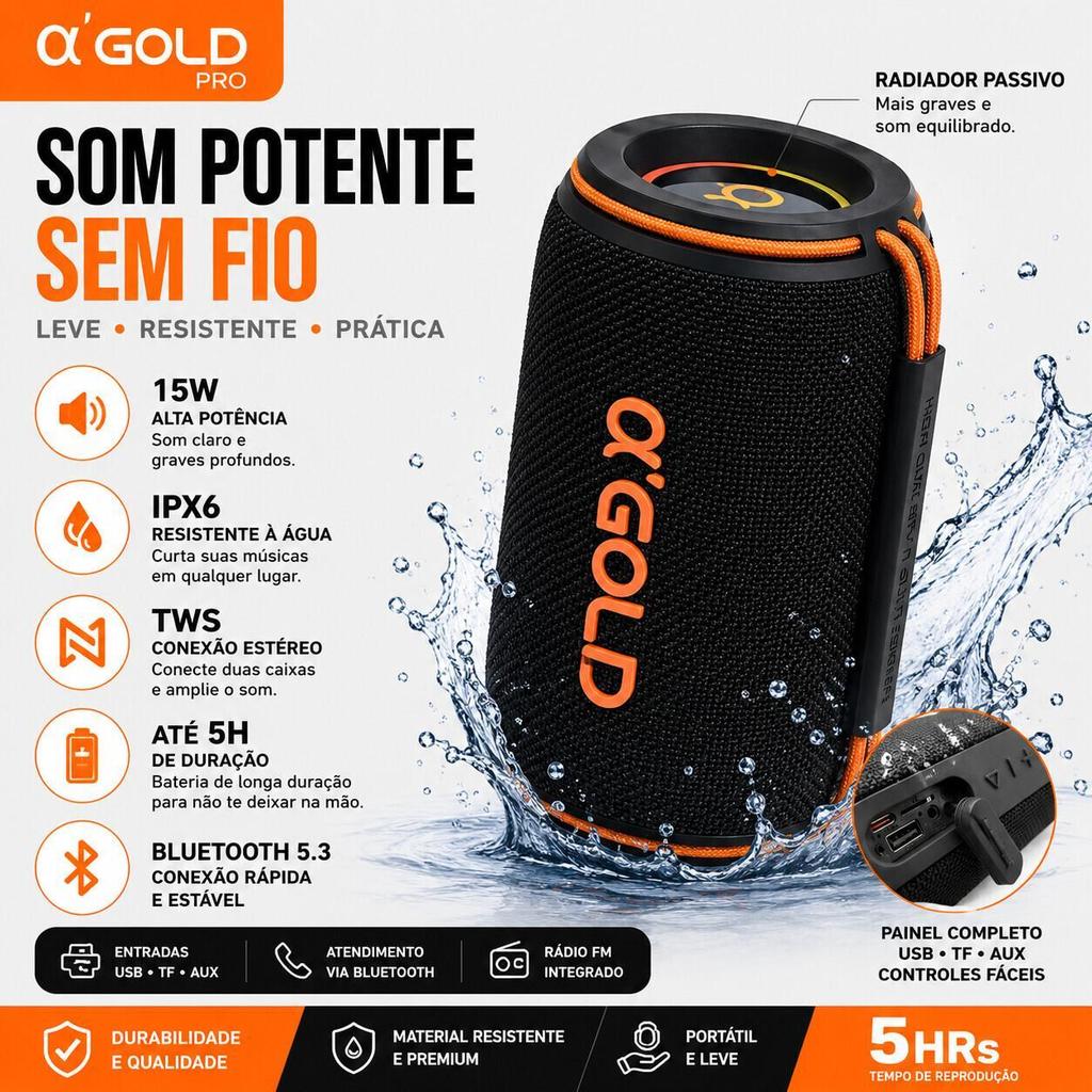 Caixa de Som Sem Fio A'Gold SM-33 Bluetooth 15W Microfone IPX6 TWS Portátil Compatível com Android e iPhone