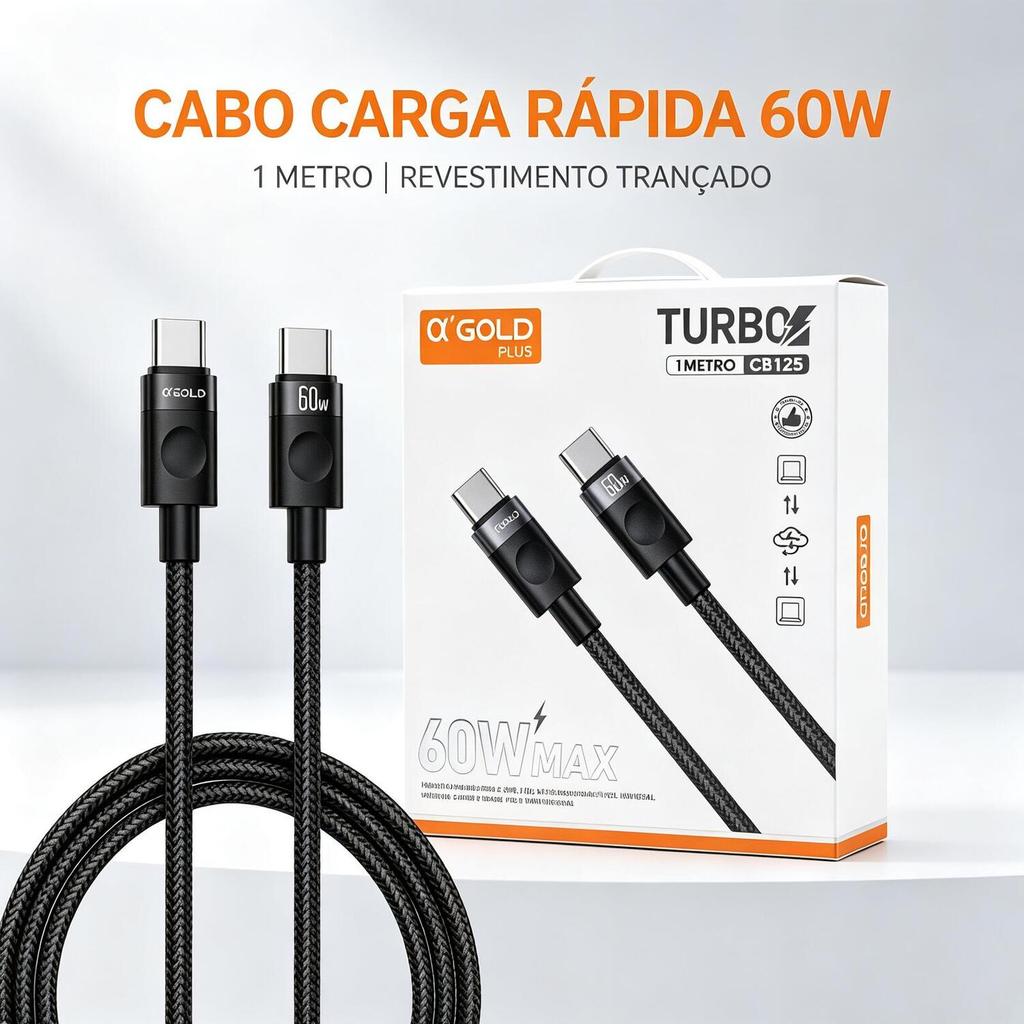 Cabo Tipo‑C para Tipo‑C 1 Metro 60W A'Gold, Carregamento Turbo Rápido, Ultra Resistente, Compatível com Android e iPhone