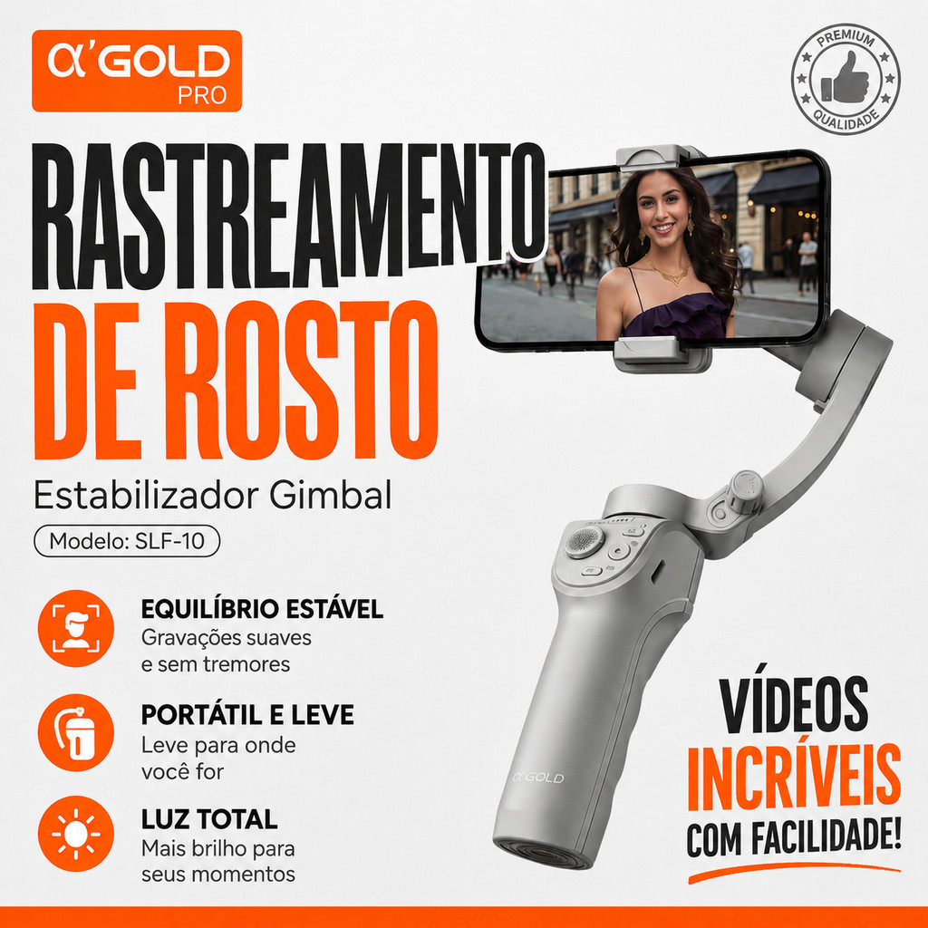 Gimbal Estabilizador Q'GOLD PRO SLF-10 Rastreamento Facial Bluetooth com Tripé para Celular Android e iPhone
