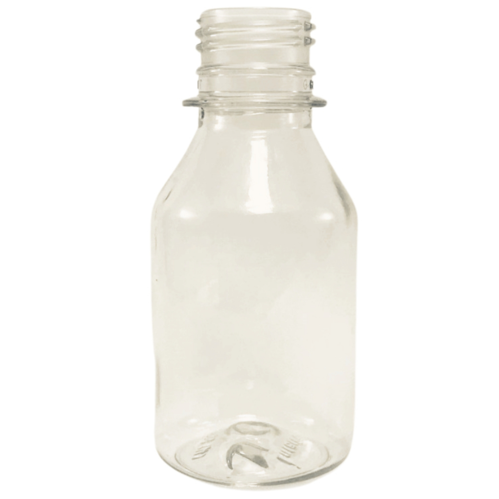 FRASCO PET REDONDO PORTA SHAMPOO, CONDICIONADOR, SABONETE LÍQUIDO DE 100ML TRANSPARENTE.