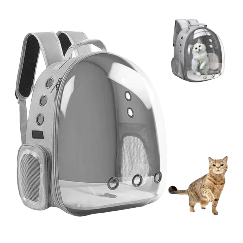CINZA - Mochila Pet Transporte para Cães e Gatos - Visão Ampla