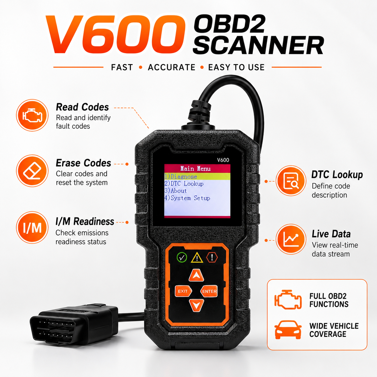 V600 ‐ Professional Obdii Diagnostic Scanner Usb Engine Code Reader Live Data Stream Check Motor Light Reset Tool Para-A