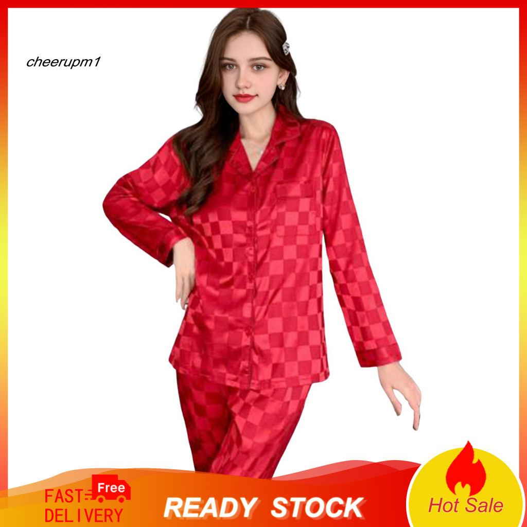 Women Pajamas Polyester Pajama Set Women’s Satin Button Down Long Sleeve Top Pants Oversized Plaid 2-piece Lounge Slee