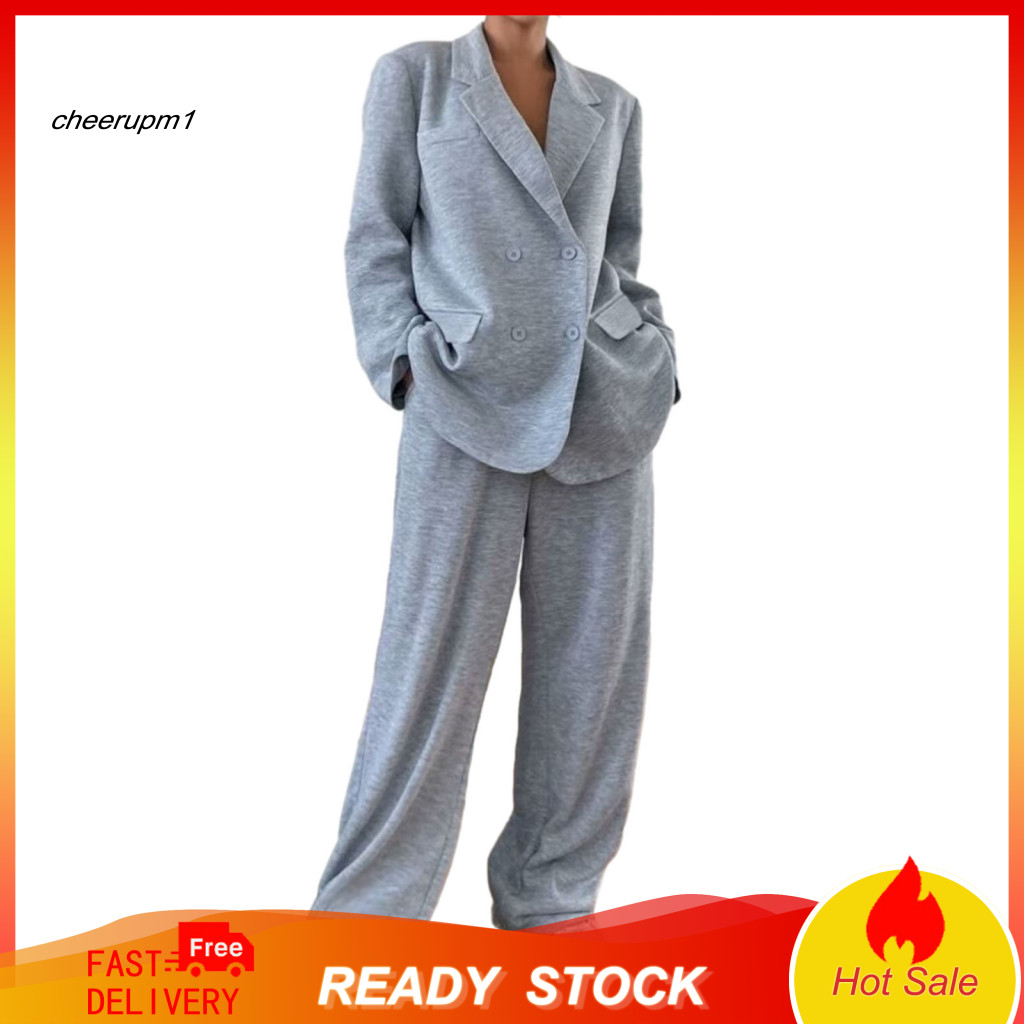 Polyester Spandex Suit Loose Fit Women Women's 2 Piece Set Oversized Blazer Wide Leg Pants Casual Business Office Outfit