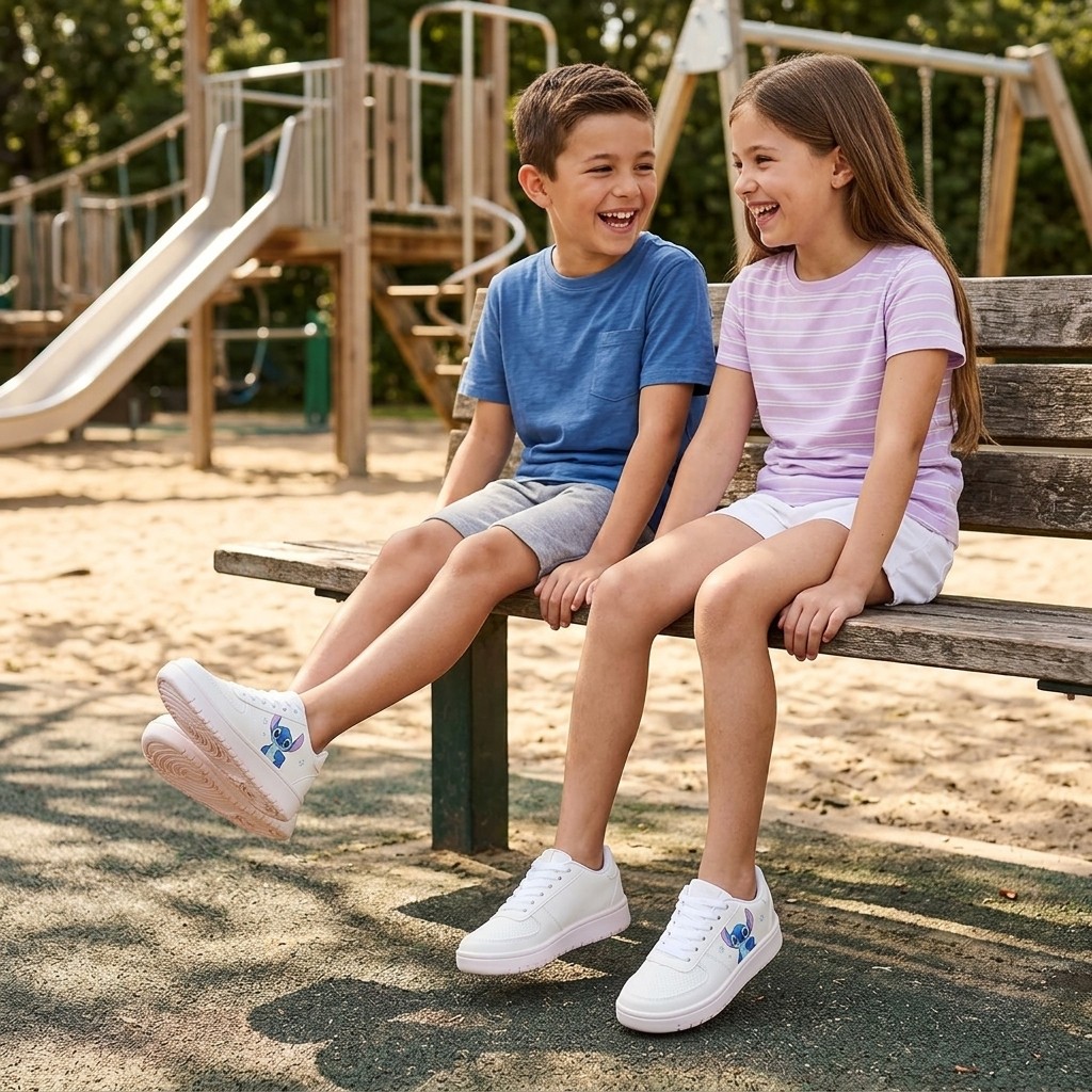 Tênis Infantil Juvenil Stitch Dyan Branco Original Casual Com Estampa Lateral Biqueira Microfurada E Cadarço