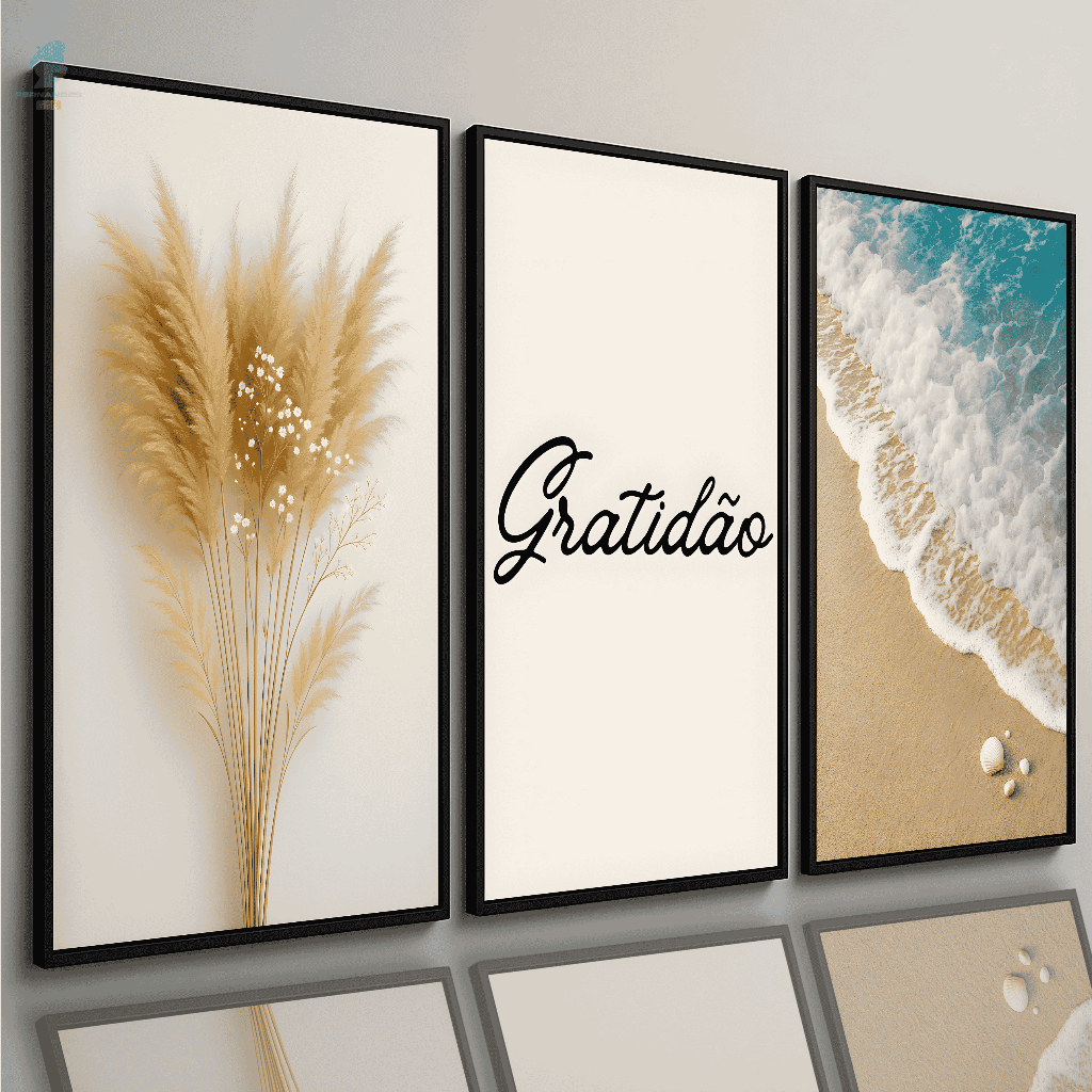 Kit Quadros Decorativos Gratidão Praia e Natureza Bege Minimalista clean Sala