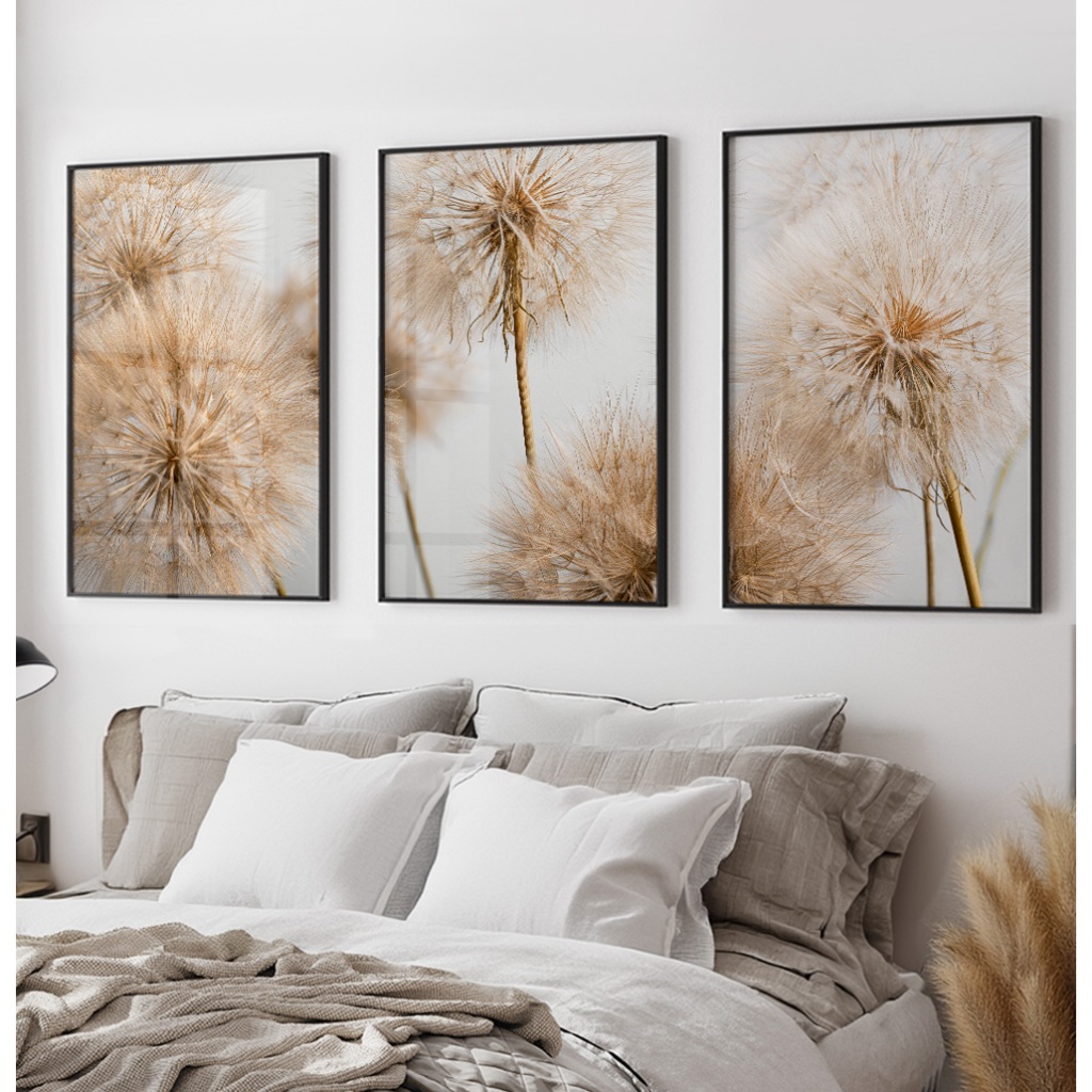 Quadro Dente De Leão Trio De Quadros Decorativos Com Moldura E Vidro Quadro Vintage Natureza Sépia