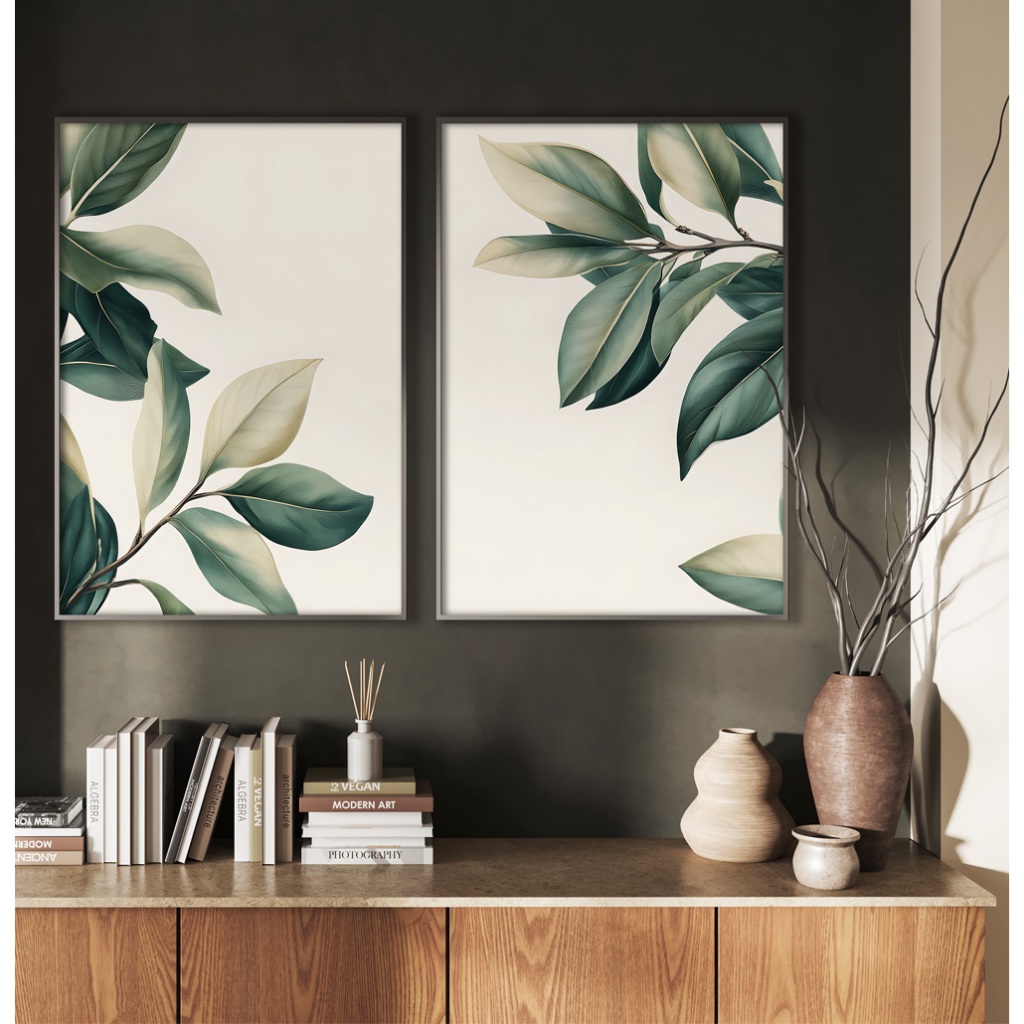 Quadro Folhagem Com Moldura Kit 2 Quadros Decorativos Quarto Quadro Minimalista Harmonia Botânica