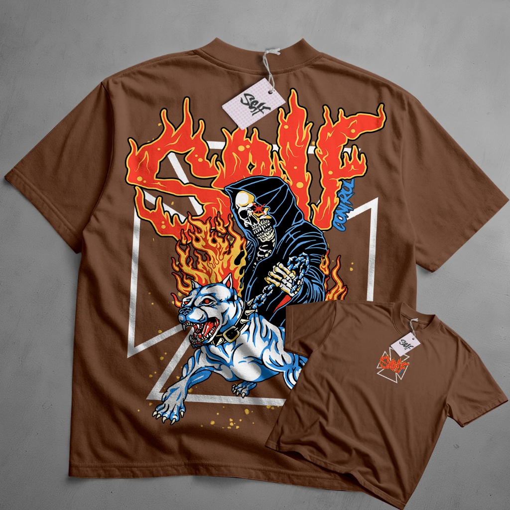 Camiseta Oversized Self Control Fu*k The World Skull Dog Fire StreetWear Style Urban Camisa